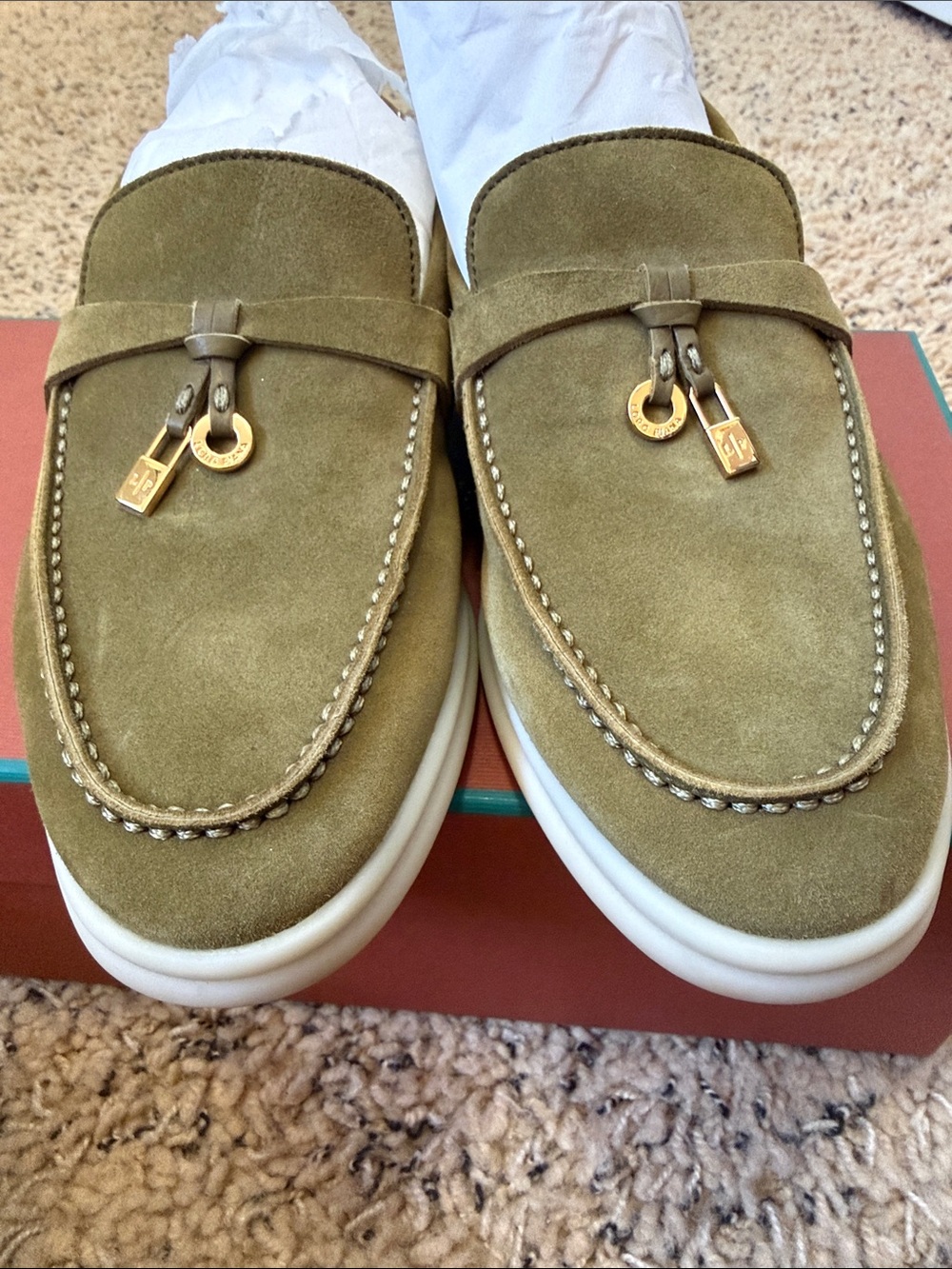 Loro Piana Olive Suede Slip-On Loafers with Decorative Hardware - Picture 3 of 10